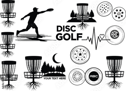 Disc Golf Sport Elements with Player Action Shots and Stylized Baskets