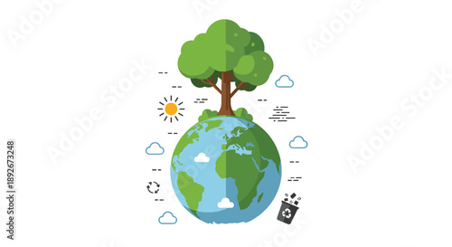 Eco Friendly Earth Globe with Tree and Environment Conservation Icons for Sustainability Concept