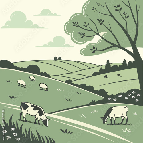 Peaceful Pasture Landscape with Grazing Animals