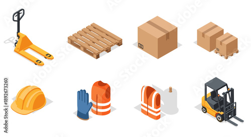 Isometric warehouse equipment and safety gear collection for modern logistics