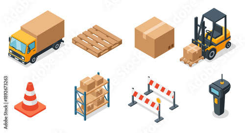 Isometric logistics and warehouse elements: forklift, truck, pallet, boxes, traffic cone