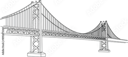 Minimalist suspension bridge vector illustration featuring clean black line art outline for architectural and civil engineering projects.