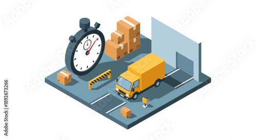Isometric delivery concept with stopwatch and cargo boxes