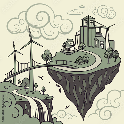 Futuristic floating city powered by wind above Earth ruins