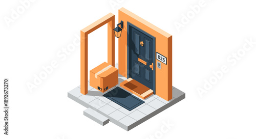 Isometric home entrance with parcel delivery box on doorstep and orange walls