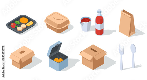 Isometric set of eco-friendly food packaging and utensils on white background
