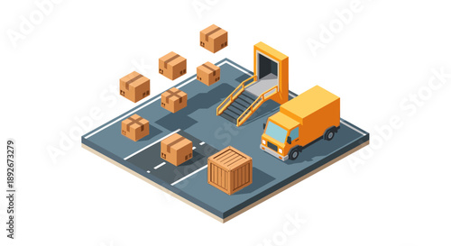 Isometric warehouse and distribution hub with delivery truck and boxes
