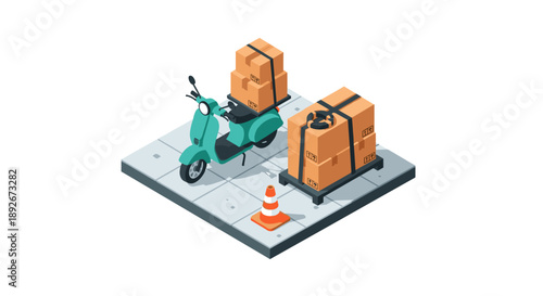 Isometric delivery scene with scooter and parcel boxes on platform