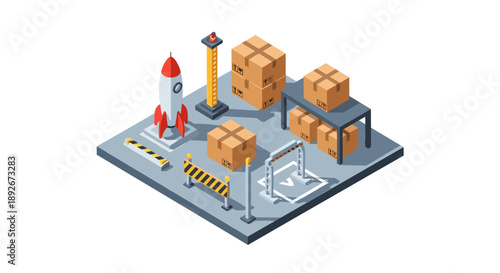 Isometric warehouse with rocket and cardboard boxes on platform