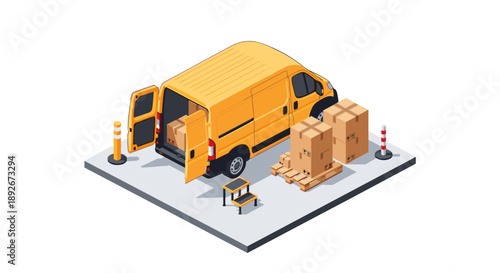 Yellow cargo van unloading boxes on urban street