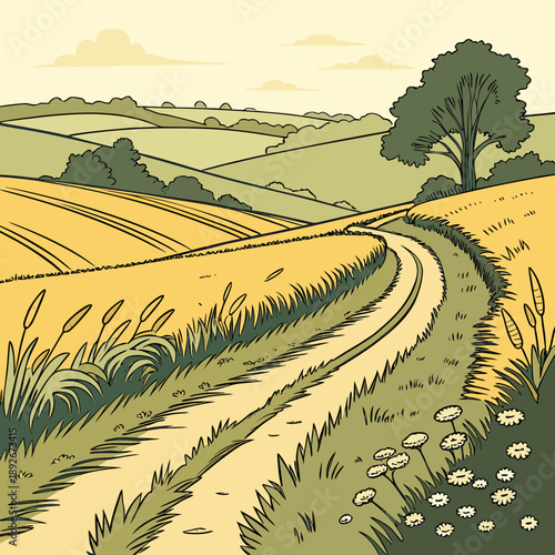 Winding Rural Road Through Fields, Journey into Nature