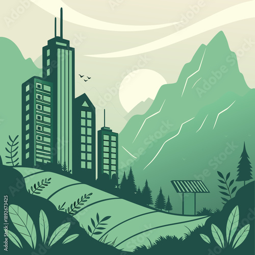 Sci-Fi Eco City Integrated with Mountains and Greenery