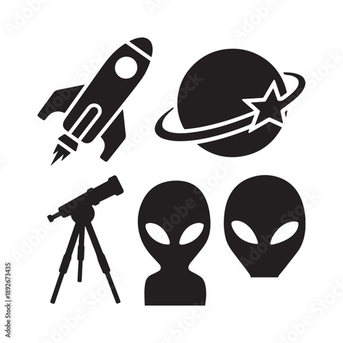 Alien and Space Silhouette Icons Set Featuring UFO Planet Telescope Comet Characters.
