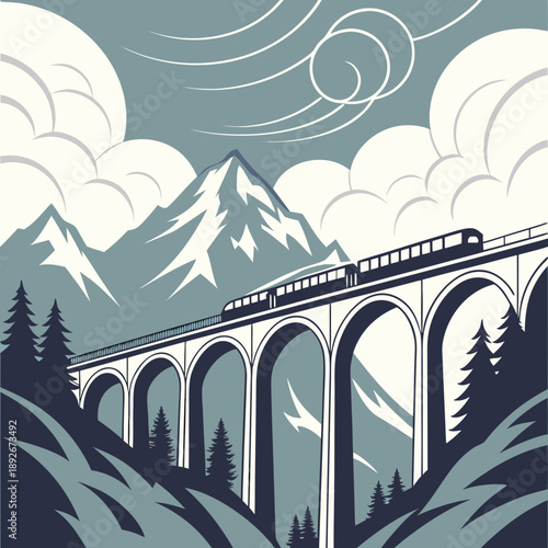 Elegant sky railway crossing majestic cloud mountains
