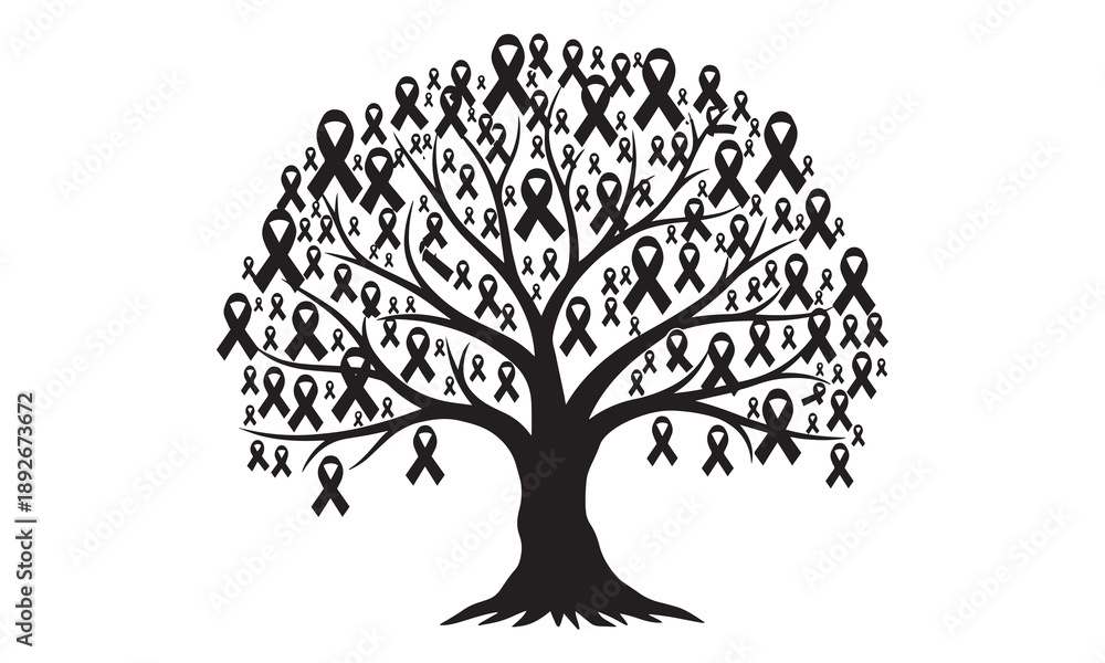 Fototapeta premium A single black ribbon awareness tree symbolizing solidarity and remembrance for a cause.