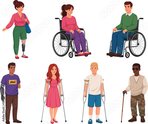 Inclusive Community: Diverse Individuals with Disabilities and Aids - Illustration Set