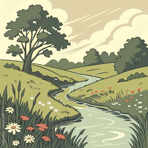 Summer Stream Crossing a Bright Green Meadow Vector
