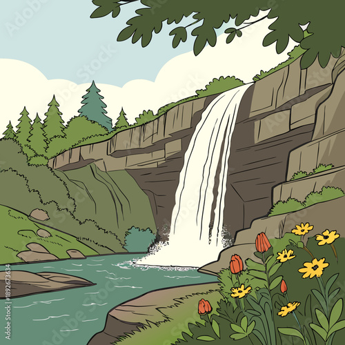 Powerful Summer Waterfall Flowing Down Rocks