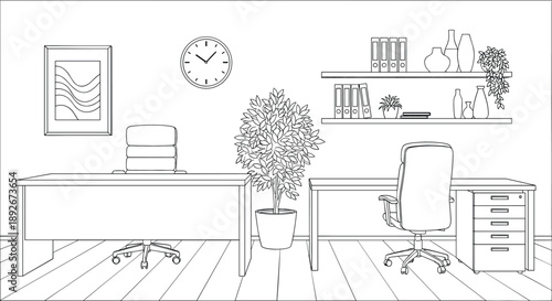 Modern office workspace interior vector line art with desks ergonomic chairs wall clock shelves and potted plants illustration.