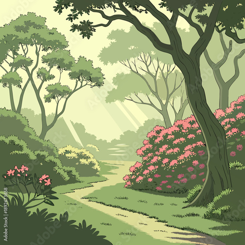 Sunlit Garden with Blooming Trees and Shrubs