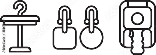 Display stand table with gymnastic rings and mechanical dispenser unit icon set collection