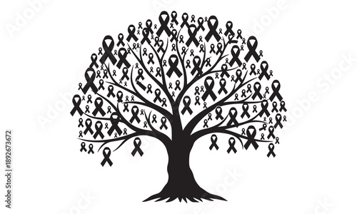 A single black ribbon awareness tree symbolizing solidarity and remembrance for a cause.