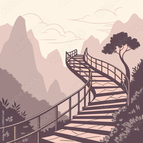 Surreal floating staircase amidst misty mountains, dreamlike.