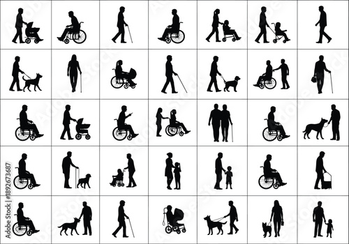 People with Mobility Aids and Assistance: Silhouettes of Wheelchairs, Strollers, and Guide Dogs