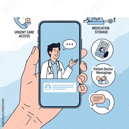 Digital Healthcare App on Smartphone with Doctor, Urgent Care Access, Medication Management, and Patient Messaging Features
