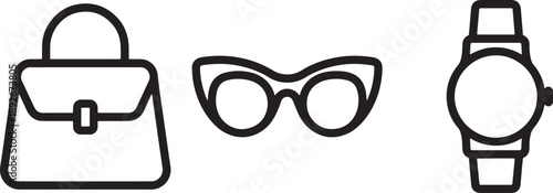 Fashion accessories flat icon set handbag sunglasses and wristwatch simple outlines