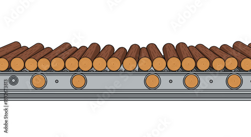 Close-up of Wood Logs on Factory Conveyor Belt for Processing in Industrial Sawmill