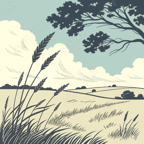 Summer Field Horizon: Vast Open Meadow Under Clouds