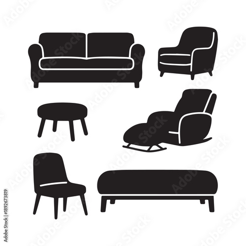 Furniture Silhouette Set Featuring Armchair Sofa Rocking Chair Bench and Wooden Chair Collection.
