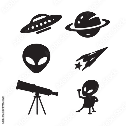 Alien and Space Silhouette Icons Set Featuring UFO Planet Telescope Comet Characters.