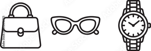 Fashion accessories flat icon set handbag sunglasses and wristwatch simple outlines