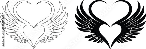 Stylized Heart With Wings In Outline And Silhouette love symbol