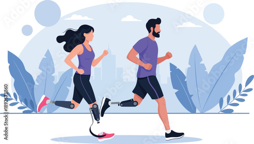 Amputee Athletes Running: Diverse Couple with Prosthetic Legs in a Modern Park Setting