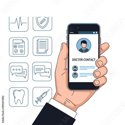 Human Hand Holding Smartphone Displaying Doctor Contact App Screen with Medical Icons for Telehealth Services