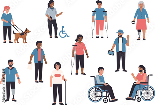 Inclusive Society Characters: People with Disabilities, Aids, and Support Animals