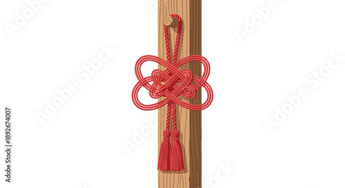 Red Decorative Ceremonial Knot Hanging on Wooden Post for Traditional Cultural Celebration