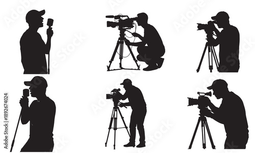 Silhouettes of cameramen and a reporter with microphone in various filming poses.