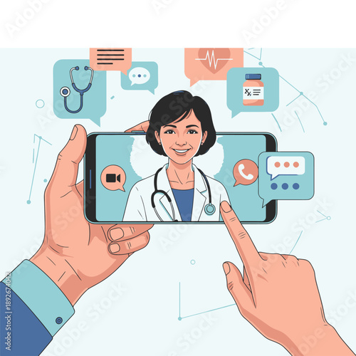 Hands Holding Smartphone Displaying Female Doctor in a Virtual Telemedicine Consultation, Surrounded by Digital Healthcare Icons