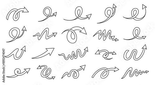 Collection of hand drawn arrow doodles with curves and swirls for creative designs