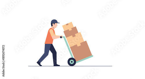 Delivery worker pushing trolley with cardboard boxes in minimalist flat design