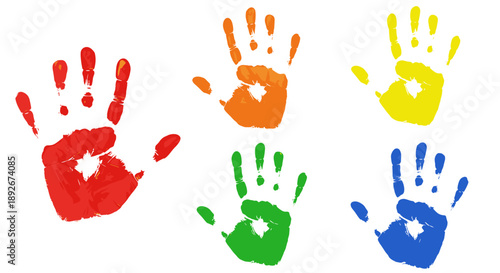 Colorful painted handprints in rainbow shades on white background