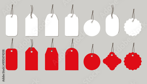 Set of blank red and white tags with strings for labels and gift wrapping