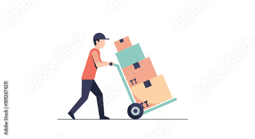 Delivery worker pushing cart with boxes in minimalist flat style