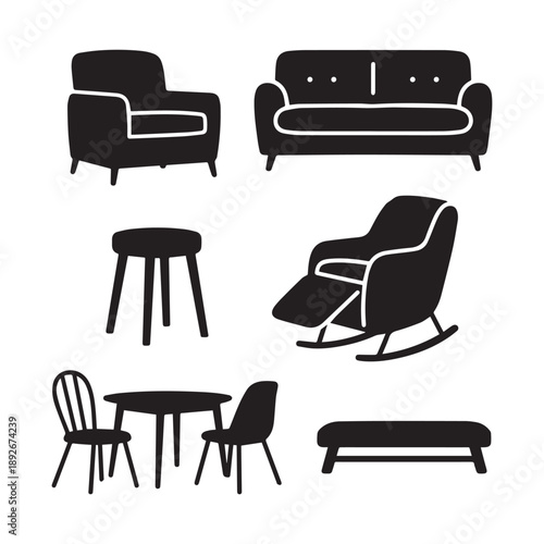 Furniture Silhouette Set Featuring Armchair Sofa Rocking Chair Bench and Wooden Chair Collection.