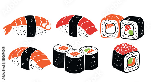 Colorful flat design sushi set featuring nigiri, maki, and more
