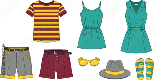 Summer fashion clothing icons set with shirts, shorts, dresses, hat, sunglasses, and beach sandals illustration collection